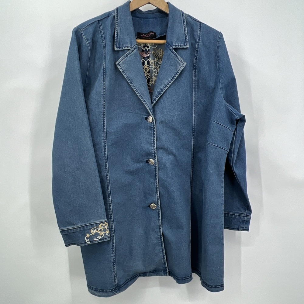 Embroidered Blue Denim Jacket Blazer Country Western Boho Southern BBQ Rodeo 20W